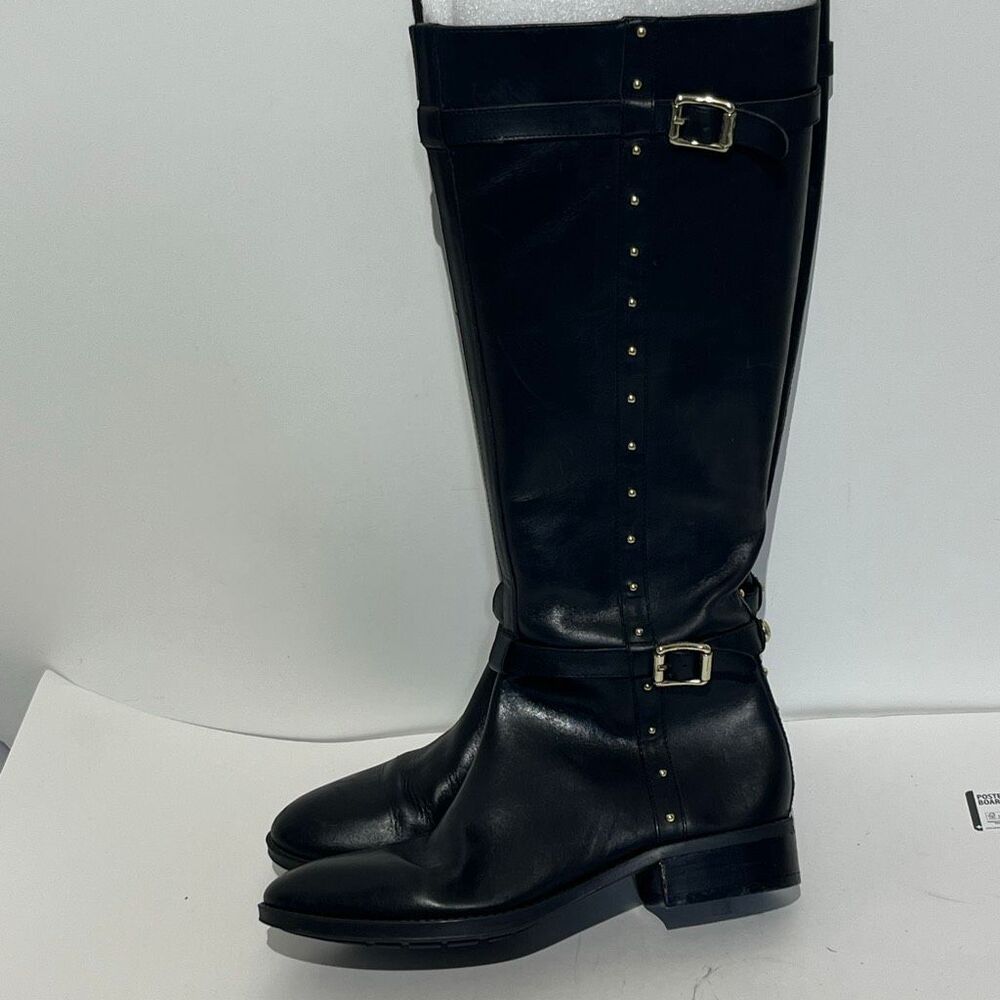 Vince Camuto Black Leather Studded Riding Boots Buckle Knee High Size 9M 39